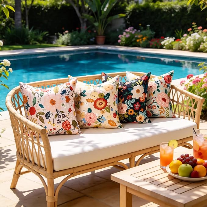 Outdoor Waterproof Floral Pillow Covers Decorative Throw Pillow Covers Summer Black Accent Square Couch Covers Garden Farmhouse Cushion Cases 16x16 Inch Set of 2 for Patio Tent Balcony Furniture Sofa