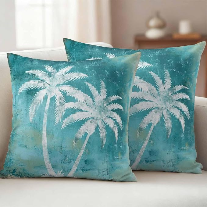Coastal Beach Tree Teal Outdoor Waterproof Pillow Covers, Tropical Botanical Decorative Square Throw Pillowcase, Palm Tree Vintage Sofa Cushion Sham for Patio/Couch/Chair, 24"x24" 2 Pack