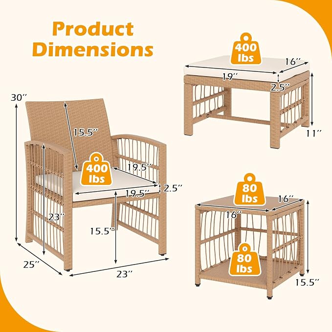 HAPPYGRILL 5 Pieces Patio Conversation Set PE Rattan Balcony Furniture Set with 2 Armchairs, 2 Ottomans & 2-Tier Side Table, Outdoor Wicker Chair Set with Cushions