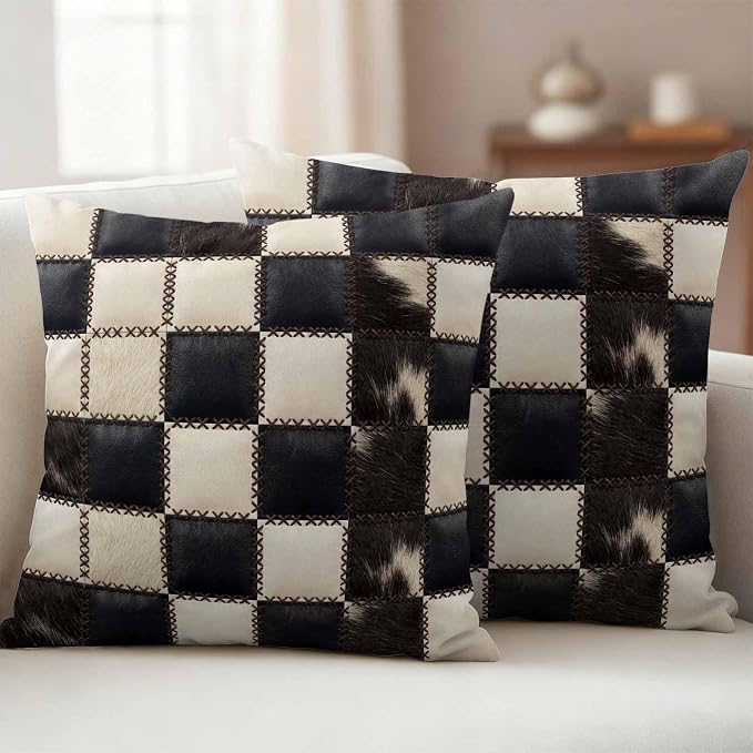 Beige Black Animal Printed Outdoor Pillow Covers 18x18 Inch Throw Pillow Covers Set of 2 Waterproof Decorative Pillow Cases Modern Fur Checkered Cushion Covers for Patio Furniture Garden Couch Sofa