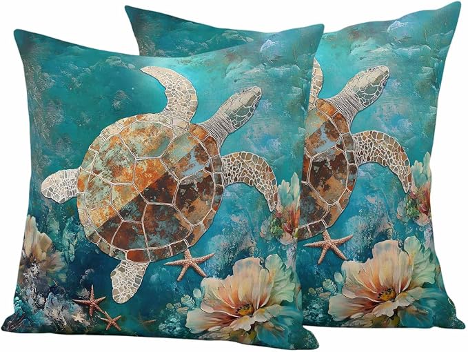 Ocean Turtle Outdoor Waterproof Throw Pillow Covers Set of 2, 26"x26", Marine Life Retro Starfish Coral Abstract Decorative Pillow Covers Outside Cushion Case for Patio Porch Garden