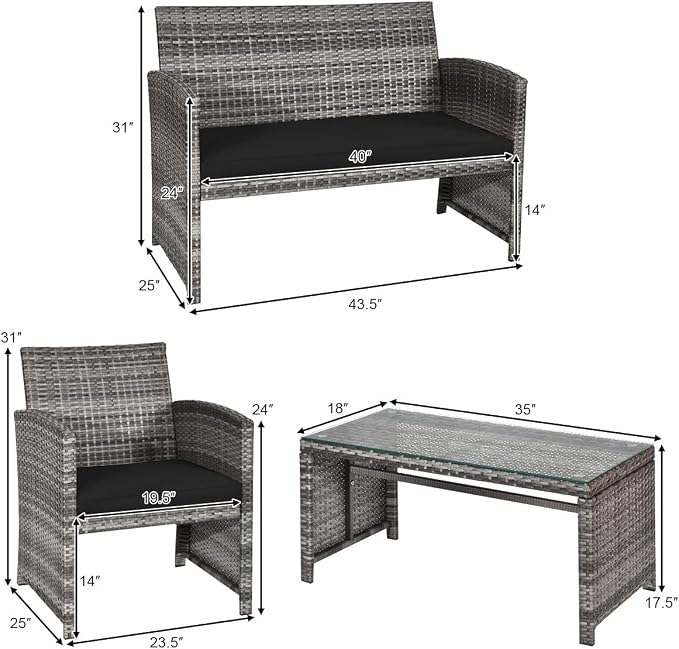 HAPPYGRILL 4 PCS Patio Conversation Set with Soft Cushions Rattan Furniture Set with PE Wicker Coffee Table & Sofa Chairs for Garden Poolside Porch Backyard