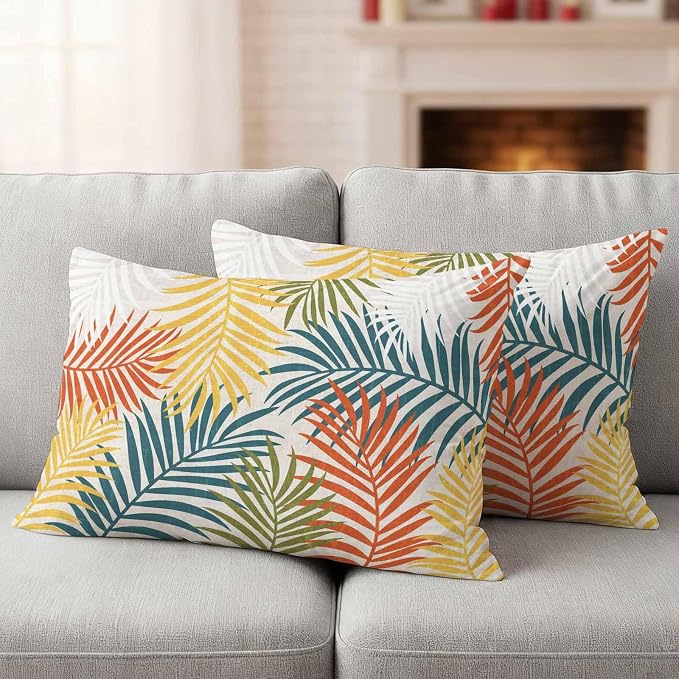Outdoor Waterproof Throw Pillow Covers, Orange Green Yellow Palm Leaves Decorative Pillow Cases, Summer Botanical Tropical Leaf Couch Pillow Protector Patio Sofa Cushion Covers 20"x12" 2 Pack