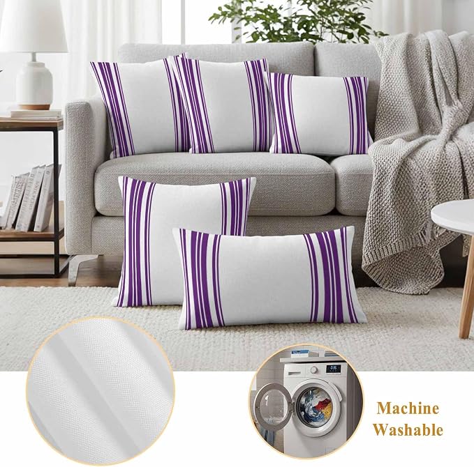 Outdoor Waterproof Throw Pillow Covers Set of 2 Purple Stripes Pillowcases 24x24 Inches White Vertical Striped Decorative Pillows Cushion Case Patio Pillows for Couch Bed Chair Garden