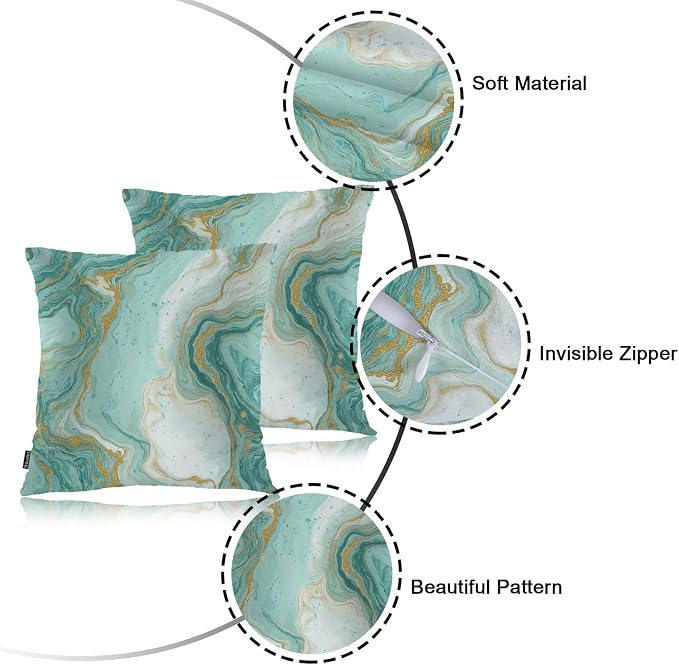 Swono Turquoise Marble Pillow Covers Cushion Covers, Abstract Ocean Marble Green Gold 18 X 18 Inch Set of 2 Throw Pillow Cover Pillowcases Home Decorative for Couch Sofa Car Bedroom, No Insert
