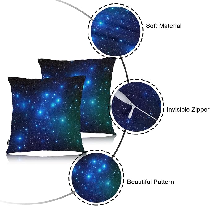 Swono Set of 2 Galaxy Stars Pillow Covers 18 X 18 Inch, Starry Night Glitter Stars Outer Space Square Decorative Throw Pillow Covers for Sofa Couch Bed,Outdoor Indoor Pillowcase Cushion Cover