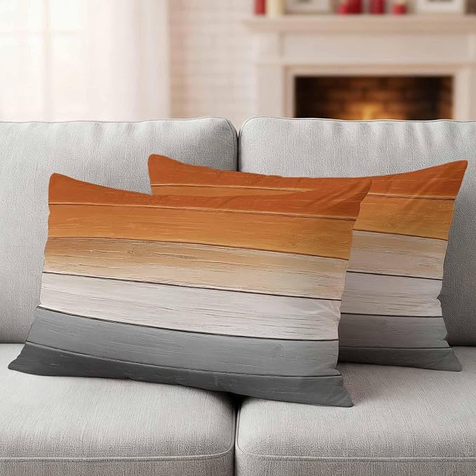 Orange Gray Outdoor Pillow Covers 20x12 Inch Lumbar Pillow Covers Set of 2 Waterproof Decorative Throw Pillow Cases Farmhouse Retro Gradient Wooden Grain Cushion Covers for Patio Furniture Garden
