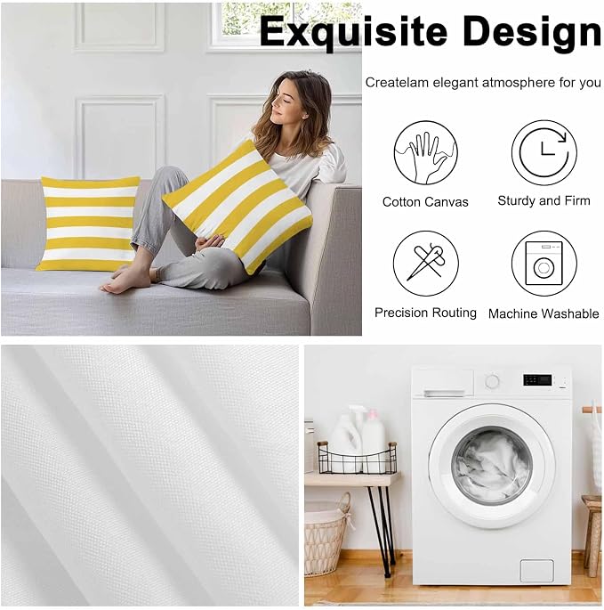 Outdoor Waterproof Throw Pillow Covers Set of 2 Yellow White Stripe Pillowcases 16x16 Inches Simple Style Striped Decorative Pillows Cushion Case Patio Pillows for Couch Bed Chair Garden