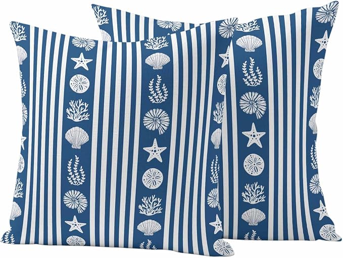 Striped Outdoor Waterproof Throw Pillow Covers Set of 2, 20"x20", Ocean Navy Blue Starfish Shell Jellyfish Coral Decorative Pillow Covers Outside Cushion Case for Patio Porch Garden