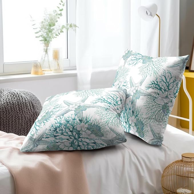 Nautical Coastal Throw Pillow Covers 16x16 Set of 2, Summer Ocean Beach Coral Floral Decorative Pillow Cases Cotton Cushion Cover for Home Sofa Couch Wedding Anniversary Decor
