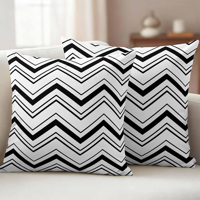 Abstract Geometric Outdoor Pillow Covers Set of 2 Ripple Stripe Chevron Black and White Waterproof Throw Pillow Cover Decorative Cushion Cases for Patio Porch Garden 16X16 Inch