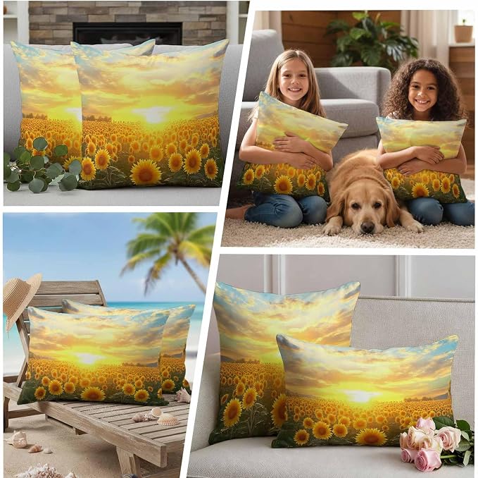 Yellow Sunflowers Waterproof Outdoor Pillow Covers Set of 2 Home Decor, Farmhouse Botanical Floral Sunset Pillowcase Patio Pillow Covers for Couch Bench Furniture Garden 20x20in