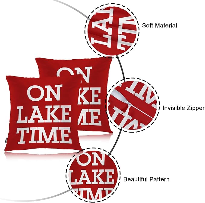 Swono Set of 2 On Lake Time Pillow Covers 18 X 18 Inch, Funny Lake Quote Square Decorative Throw Pillow Covers for Sofa Couch Bed,Outdoor Indoor Pillowcase Cushion Cover, Red White