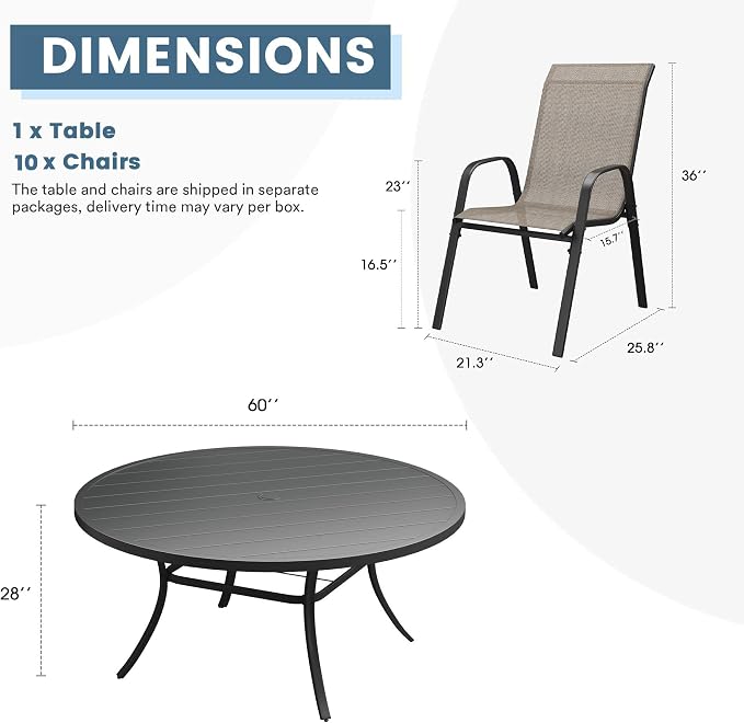 DIFY 11 Piece Outdoor Dining Set, 60" Black Round Metal Patio Table and Brown Textilene Stackable Chairs for 10, All Weather Patio Furniture Set with Umbrella Hole for Backyard Garden Deck