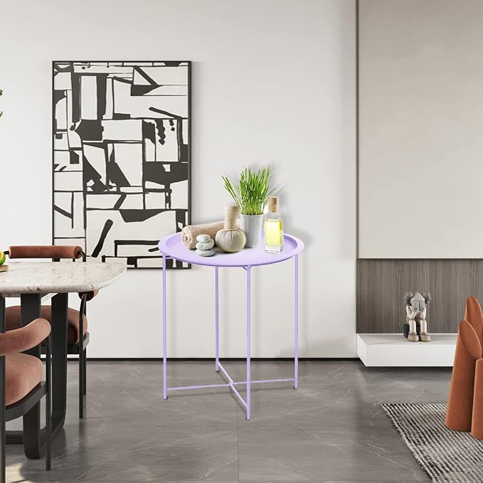 Garden 4 you End Table Metal Side Table Purple Round Folding Tray Cyan Sofa Small Accent Fold-able Table, Round End Table Tray, Next to Sofa Table, Snack Table for Living Room and Bed Room