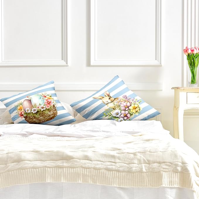 Spring Blue and White Stripes Easter Pillow Covers 24x24 Pack of 2 Egg Cute Rabbit Lovely Flowers Pillows Cases Holiday Warm Home Decor for Indoor Sofa Couch
