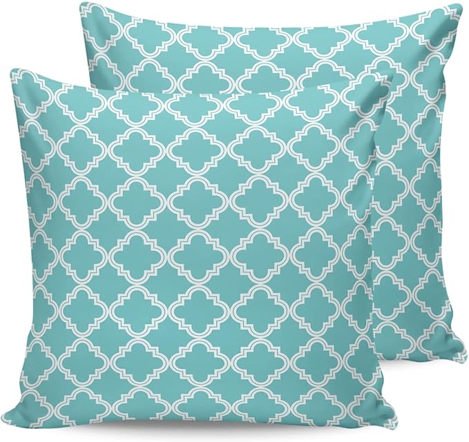 Outdoor Waterproof Pillow Covers for Patio Moroccan Pattern Decorative Throw Pillow Cover Geometric Trellis Cyan Blue Pillowcases Set of 2 Cushion Case for Sofa Couch Chair Home Decor 20x20 inch