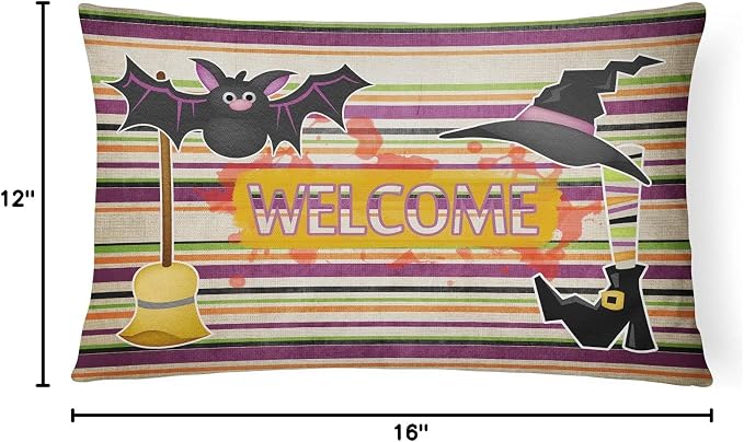 Caroline's Treasures SB3010PW1216 Witch Costume and Broom on Stripes Halloween Canvas Fabric Decorative Pillow 100% Machine Washable Pillow, Indoor or Outdoor Decorative Throw Pillow for Couch, Bed or