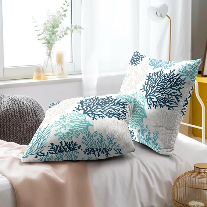 Blue Coral Throw Pillow Case 20x20 Set of 2 - Teal Grey Summer Coastal Patterned Cotton Linen Square Cushion Cover Decorative Pillowcase for Home Office Couch Sofa Chair