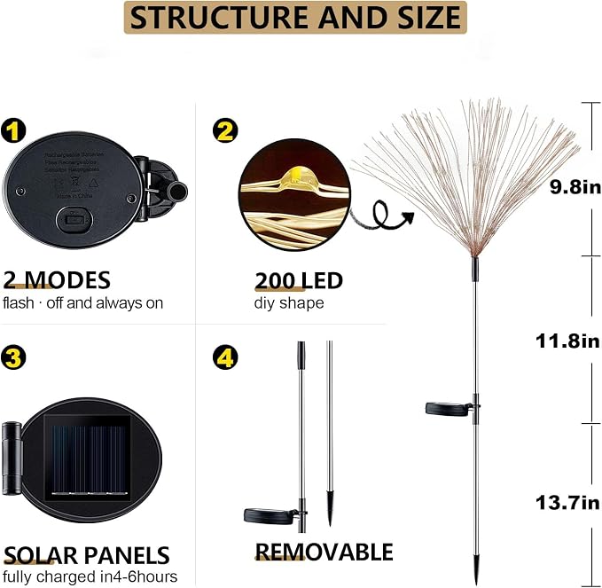 Solar Firework Lights Outdoor, Adjustable 32" to 51" Extra Tall, 200 LED Stainless Steel 3-Section Pole, 8 Modes Waterproof Starburst Garden Lights for Yard Pathway Walkway Decor(Warm White 4 Pack)