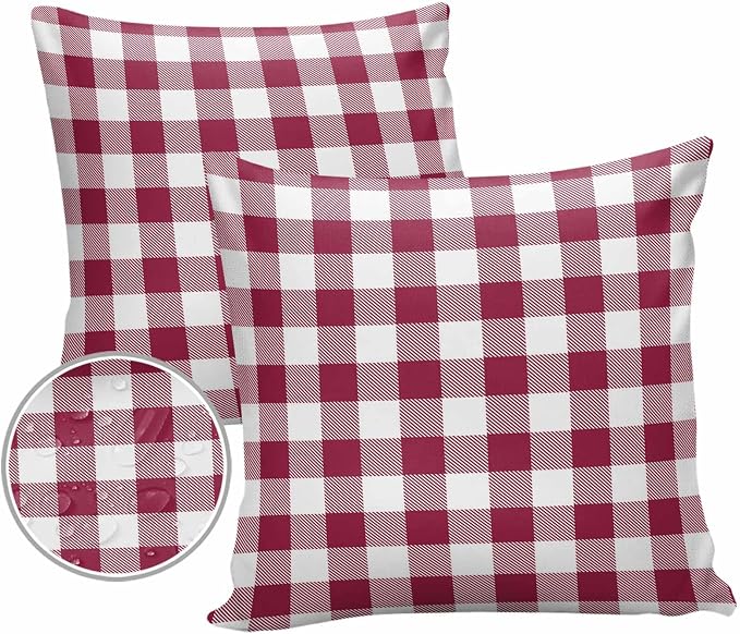 Outdoor Waterproof Throw Pillow Covers Set of 2 Wine Red Buffalo Check Plaid Pillowcases 20x20 Inches Farmhouse Style Patio Decorative Pillows Cushion Case Patio Pillows for Couch Bed Chair Garden