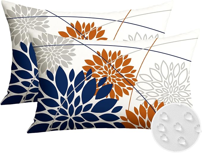 OTOSTAR Outdoor Dark Blue Orange Pillow Covers 12x20 Inch Set of 2 Beige Flower Throw Pillows Farmhouse Geometric Dahlia Floral Lumbar Cushion Case Waterproof Decor for Sofa Patio Funiture Garden