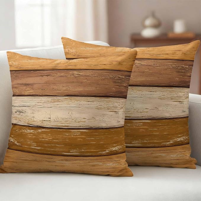 Farmhouse Yellow Brown Outdoor Waterproof Pillow Covers, Vintage Wooden Striped Decorative Square Throw Pillowcase Sofa Cushion Sham for Patio/Couch/Chair, 18"x18" 2 Pack