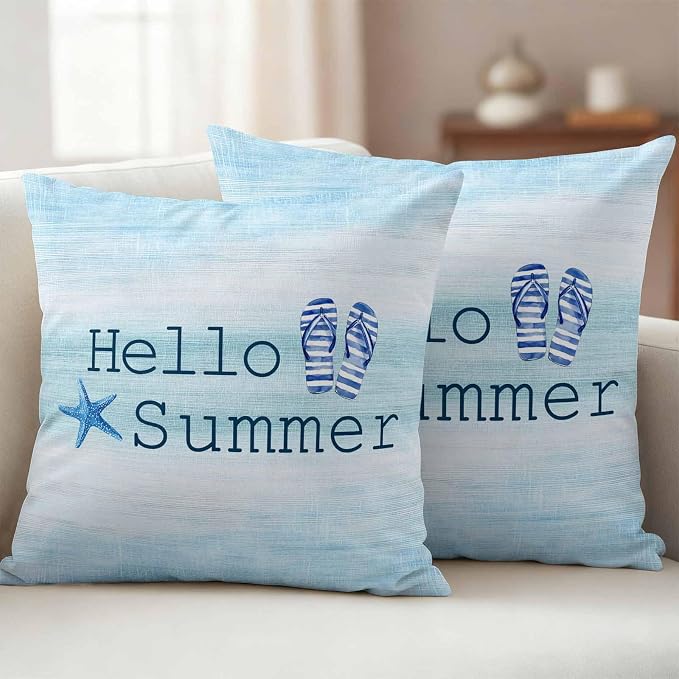 Outdoor Waterproof Pillow Covers 18x18Inch Hello Summer Starfish Flip Flops Throw Pillowcases for Patio Garden Couch Sofa Blue Gradient Decorative Cushin Case,Pack of 2