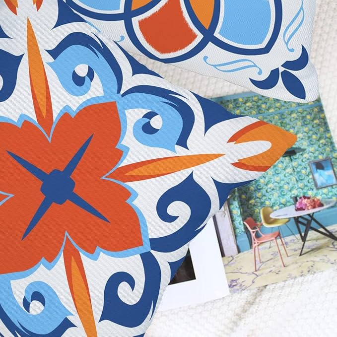 Outdoor Waterproof Throw Pillow Covers 16x16 inch Floral and Boho Style Decorative Pillow Covers Modern Geometric Pillowcase for Patio Funiture Garden Set of 4, Blue and Orange