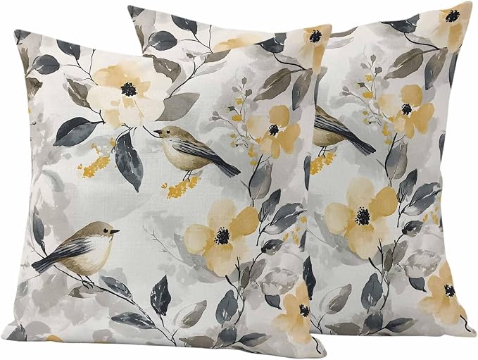 Outdoor Pillow Covers 18x18 Pack of 2, Abstract Bird Floral Artwort Decorative Pillow Cover Waterproof Pillowcase, Country Pastoral Style Farmhouse Cushion Covers for Garden Patio Sofa Couch Bench