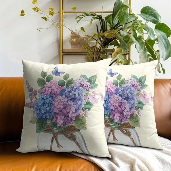 Hydrangea Flower Throw Pillow Cover Set of 2 20x20 Inch Vintage Blue Purple Floral Jar Watercolor Decorative Couch Pillow Cushion Case for Outdoor Patio Living Room Bedroom Decor
