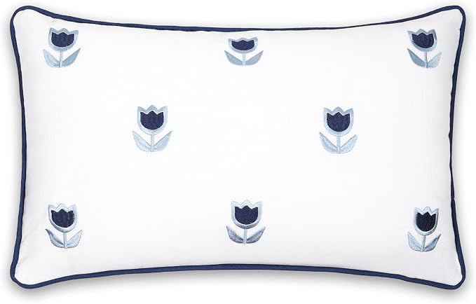 Hofdeco Premium Coastal Patio Indoor Outdoor Lumbar Pillow Cover Only, 12"x20" Water Repellent for Backyard, Couch, Navy Blue Embroidered Tulips Floral with Piping