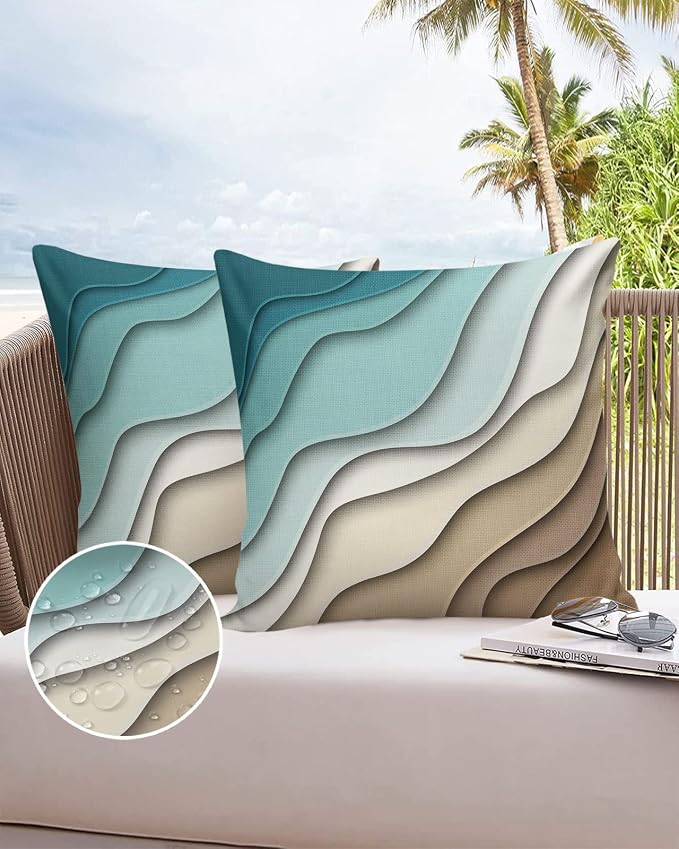 Modern Geometric Outdoor Waterproof Pillow Covers for Patio Furniture Decorative Throw Pillow Cover Teal Blue Brown Abstract Ocean Wave Pillowcases Set of 2 Cushion Case for Sofa Couch 26 x 26 Inches