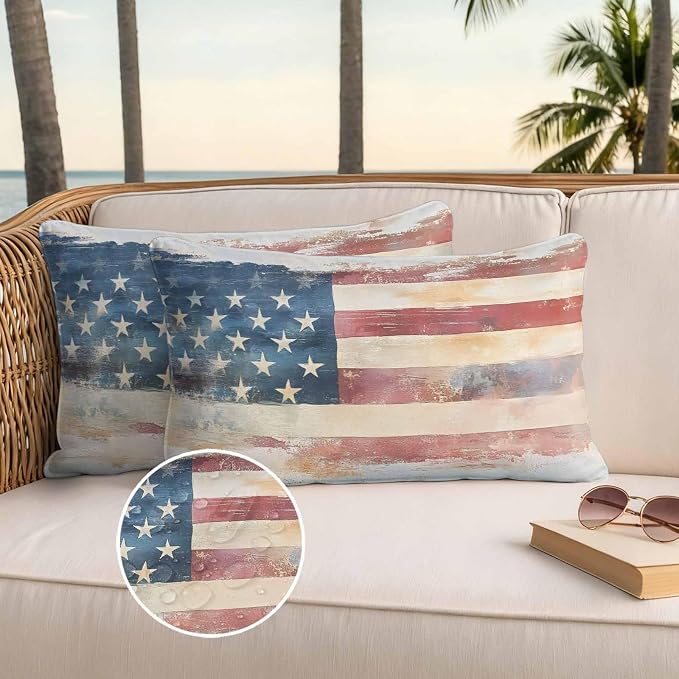 Retro American Flag Outdoor Pillow Covers 20"x12" Set of 2, Independence Day Waterproof Throw Pillow Covers for Patio Furniture, Decorative Cushion Covers for Porch