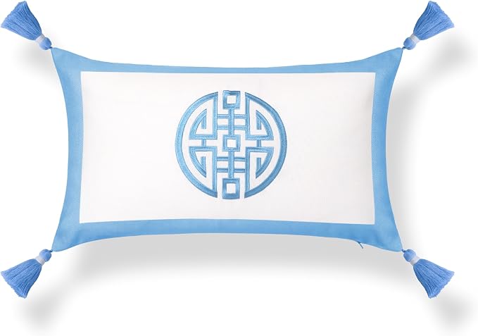 Hofdeco Premium Coastal Hampton Patio Indoor Outdoor Lumbar Pillow Cover Only, 12"x20" Water Repellent for Backyard, Couch, Poolside, Azure Blue Embroidered Double Happiness Symbol