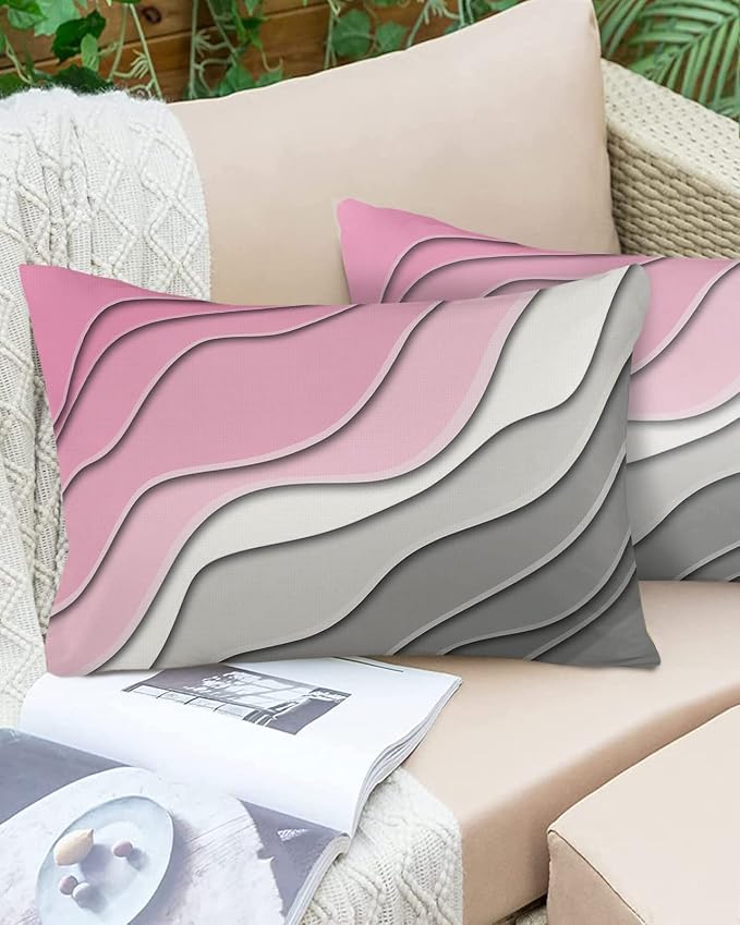 Outdoor Waterproof Pillow Covers for Patio Furniture Pink Modern Geometric Decorative Throw Pillow Cover Abstract Beach Pillowcases Set of 2 Cushion Case for Sofa Couch Chair Home Decor 20 x 12 Inches