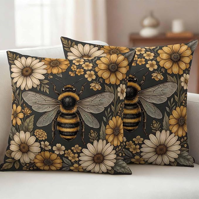 Outdoor Pillow Covers Waterproof, Bee Flowers Decorative Square Throw Pillowcases Patio Cushion Covers for Tent/Garden, 20" x 20" 2 Pack, Retro Country Animals Botanical Floral Plants