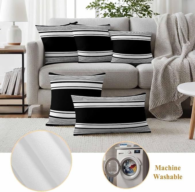 Vandarllin Outdoor Throw Pillows Covers 18x18 inch Set of 2 Waterproof Black Stripes Decorative Zippered Cushion Covers for Patio Furniture, Striped Lines Lumbar Pillowcases