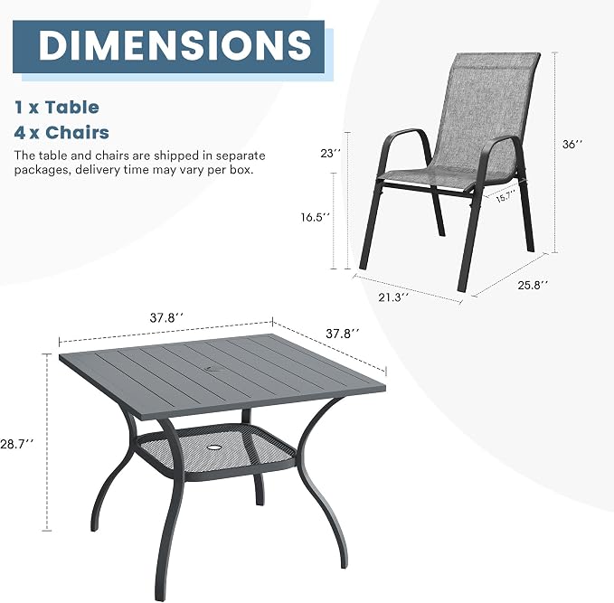 DIFY 5 Piece Outdoor Dining Set, 38" Square Metal Patio Table and Textilene Stackable Chairs for 4, All Weather Patio Furniture Set with Umbrella Hole for Backyard Garden Deck, Grey