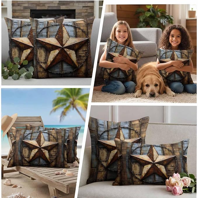 Rustic Star Brown Waterproof Outdoor Pillow Covers Set of 2 Home Decor, Vintage Farmhouse Wooden Grain Art Pillowcase Patio Pillow Covers for Couch Bench Furniture Garden 24x24in