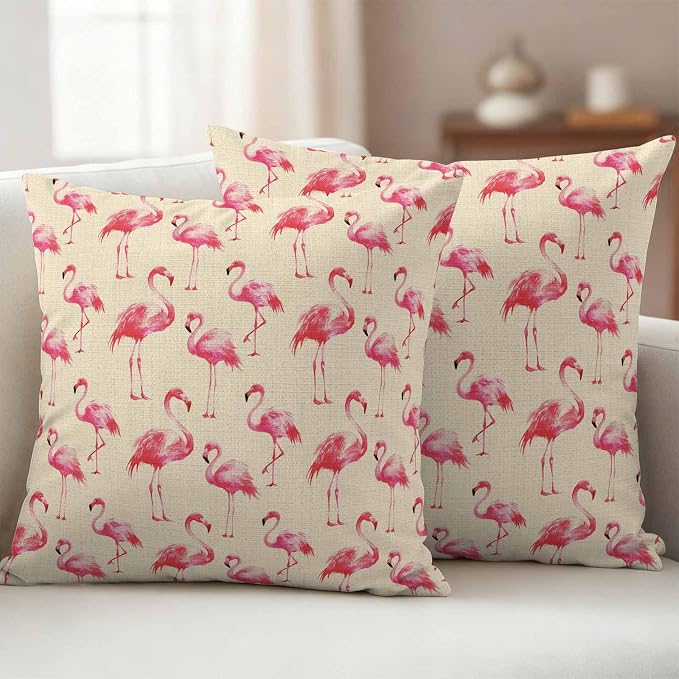 Pink Flamingo Outdoor Pillow Covers 18x18 Inch Throw Pillow Covers Set of 2 Waterproof Decorative Pillow Cases Summer Animals Rustic Cushion Covers for Patio Furniture Garden Couch Sofa