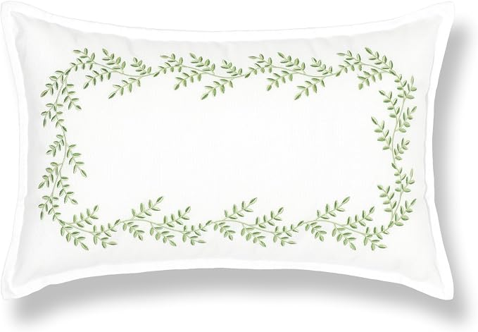 Hofdeco Premium Grandmillennial Patio Indoor Outdoor Lumbar Pillow Cover Only, 12"x20" Water Repellent for Backyard, Couch, Poolside, Grass Green Embroidered Leaves Frame