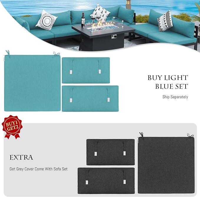 BULEXYARD 7 Seater Extra Large Modern Aluminum Outdoor Sofa with Lay Out Chair & Fire Pit Table, 500 lbs Durable Sectional Set for Heavy People, All Weather Comfy Patio Furniture Set for Garden, Teal