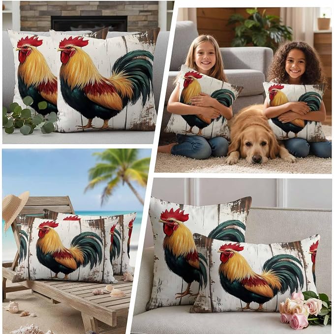 Vintage Rooster Outdoor Waterproof Throw Pillow Covers 20x12 Set of 2, Retro Farmhouse Rooster Watercolor Decorative Pillowcases Cushion Pillowcase for Couch Sofa Patio Outside Pillow Protector