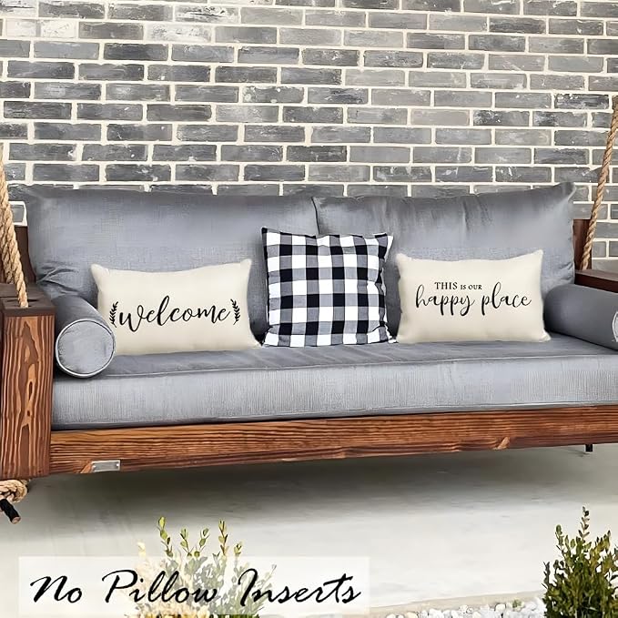 Front Porch Decor Cream Outdoor Lumbar Pillow Covers Waterproof 12x20 | Set of 2, No Inserts, Weather Resistant, Patio Furniture, Minimalist Neutral Home Decor, This Is Our Happy Place Sign
