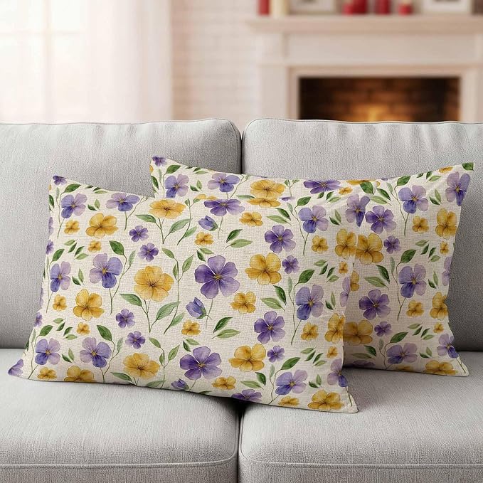 Purple Yellow Flower Outdoor Pillow Covers Set of 2 Spring Green Leaf Watercolor Floral Farm Waterproof Throw Pillow Cover Decorative Cushion Cases for Patio Porch Garden 20X12 Inch