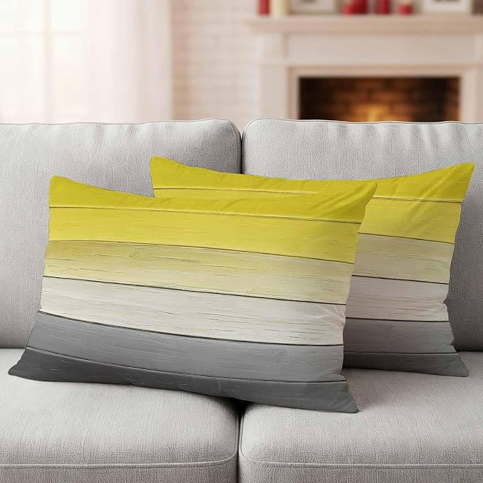 Yellow Gray Outdoor Pillow Covers 20x12 Inch Lumbar Pillow Covers Set of 2 Waterproof Decorative Throw Pillow Cases Country Vintage Abstract Gradient Wooden Cushion Covers for Patio Furniture Garden