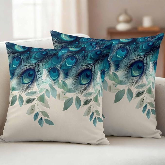 Teal Turquoise Outdoor Pillow Covers 18x18 Inch Throw Pillow Covers Set of 2 Waterproof Decorative Pillow Cases Peacock Feathers Aesthetics Eucalyptus Cushion Covers for Patio Furniture Garden Couch