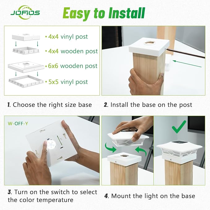 JOFIOS Solar Fence Post Lights 4pack, Cap Lights for 4x4/5x5 Vinyl Fence and 4x4/6x6 Wooden Post, Warm White/Cool White Lighting, White Solar Cap Outdoor Waterproof Decorate Garden Pathway Dcek Patio