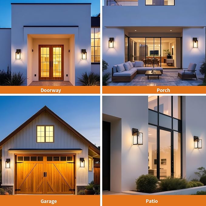 2 Pack Black Brush Gold Dusk to Dawn Exterior Lighting Fixtures Wall Mount, Sensor Outside Front Porch Lights for House, Outdoor Lantern Lamp, Wall Sconce Lights, Coach Light for Garage Entryway